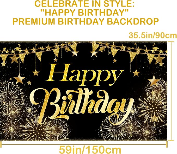 Black and Gold Birthday Decorations Kit for Men and Women, Happy Birthday Banner, Backdrop, Porch Sign, 6 Pcs Honeycomb Centerpieces, 6Pcs Hanging Swirls, Party Supplies (Black Gold For All Ages)
