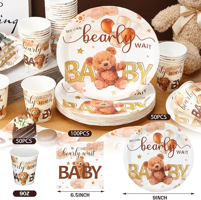 Hushee 200 Pcs Brown Bear Baby Shower Paper Plates Napkins Cups Baby Shower Party Supplies Tableware Set Brown Bear Disposable Cup Napkin for 50 Guest Spring Party Decoration