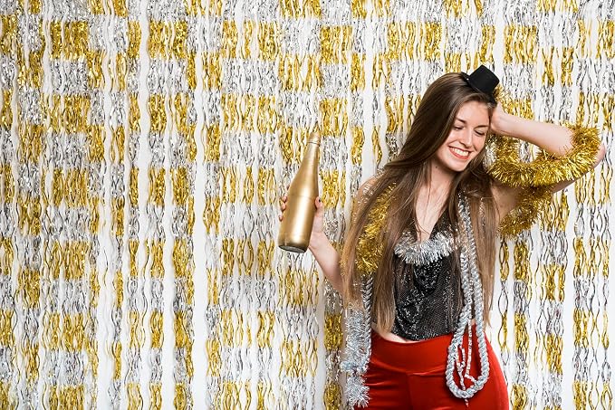GOER Metallic Tinsel Foil Fringe Curtains Party Photo Backdrop Party Streamers for Birthday,Graduation,New Year Eve Decorations Wedding Decor (3 Packs,Gold&Silver)