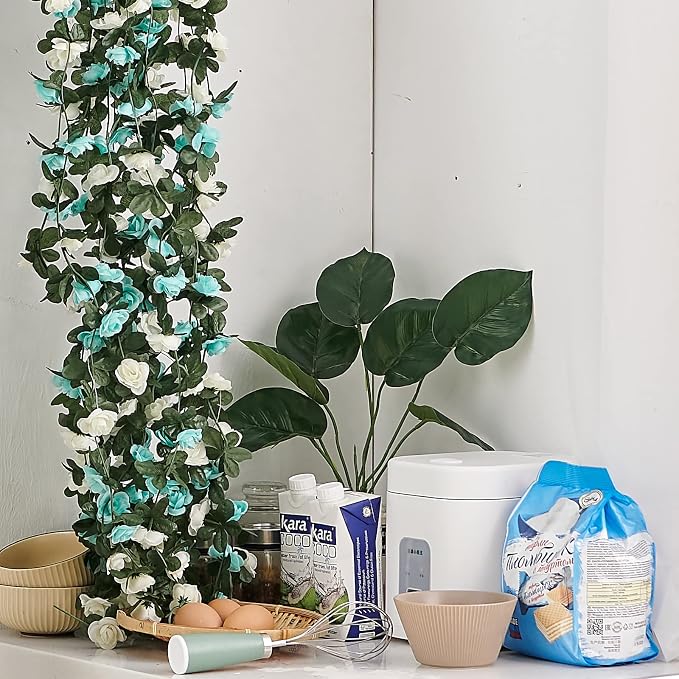 PONKING 6 Pcs x 8.2 ft Flower Garland Artificial Rose Vine Flowers with Green Leaves Hanging Fake Roses Vine for Room Party Home Wedding Birthday Christmas Wall Arch Decor, White Blue Flower