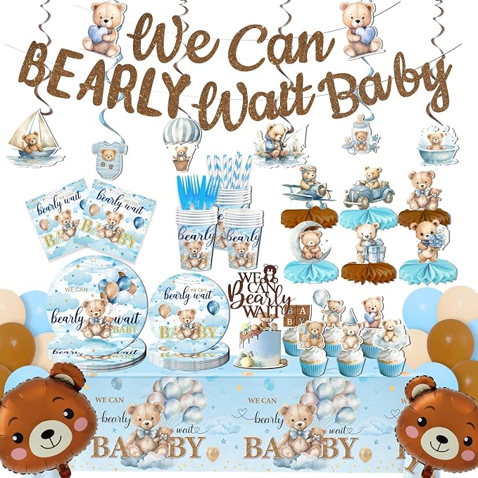 We Can Bearly Wait Baby Shower Decorations Boy, 200Pcs Teddy Bear Baby Shower Balloons Banner Plates Napkins Cake Toppers Tablecloth Honeycomb Balls for Bear Themed Party Decorations Severs 24