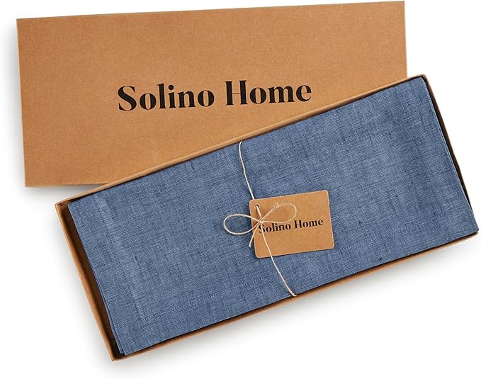Solino Home Linen Table Runner 108 Inches Long - Athena, 100% Pure Linen Blue Denim Dining Table Runner 14 x 108 Inch for Spring, Summer