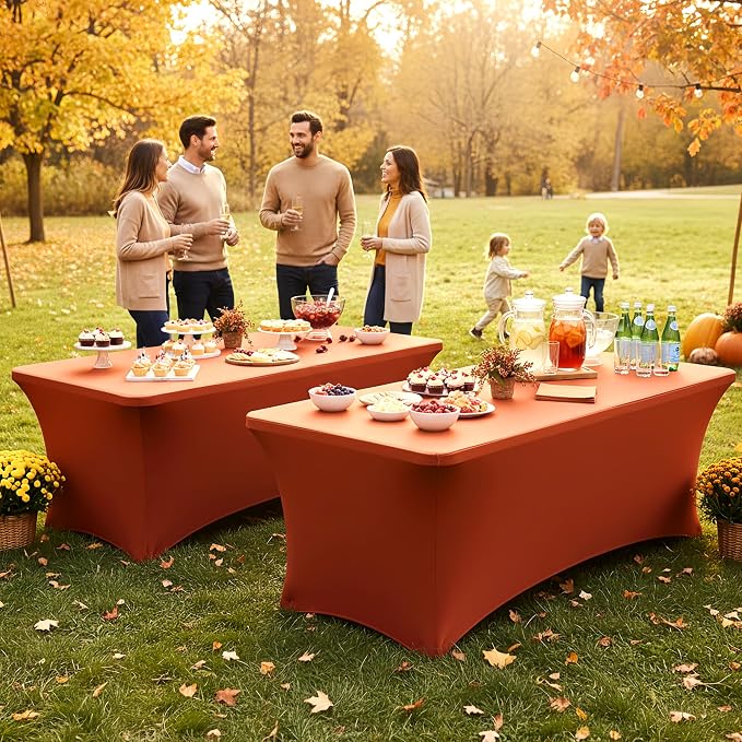 Table Cover for 6 Foot Rectangle Tables-6 Pack Rust Thanksgiving Fitted Stretch Tablecloth-Spandex 6ft Fall Tablecloths for Party, Vendor Booth Display, Banquet Buffet, Craft Trade Show