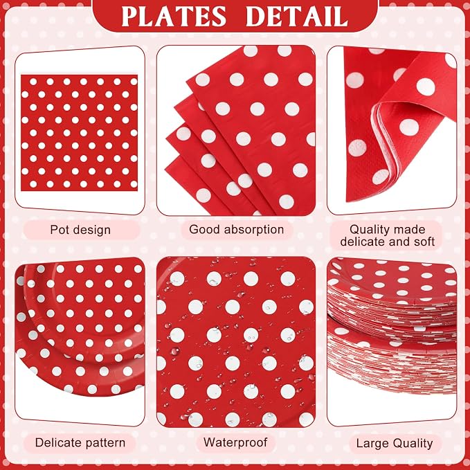 Funnymoom 452 Pcs Red Polka Dot Party Supplies for 50, Red and White Polka Dot Paper Plates Napkins Cups Tablecloth Cutlery Straws for Mouse Birthday Carnival Family Picnic Barbecue Party Decoration