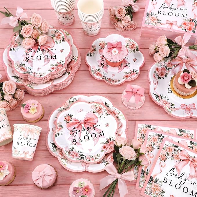 Newtay 250 Pcs Baby in Bloom Baby Shower Party Decorations Pink Bow Flower Disposable Plates and Napkins Birthday Tableware for 50 Guests Paper Plates Napkins Cups for Party Supplies