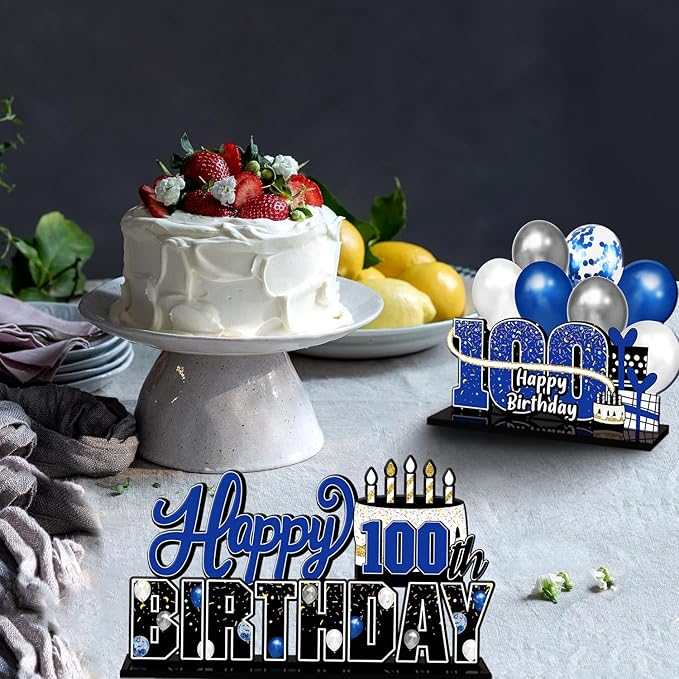 LINGTEER Happy 100th Birthday Blue Acrylic Table Topper Centerpieces Set - Cheers to 100 Years Old Birthday 100th Bday Party Gift Decorations.