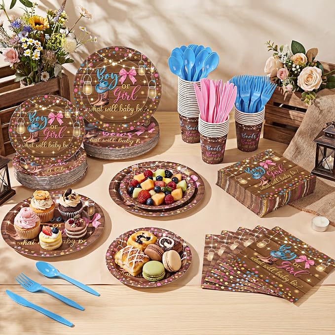400 Pcs Boots or Bows Gender Reveal Party Decoration for 50, Gender Reveal Plates Napkins Cups Cutlery Pink Blue Western Disposable Tableware for Boy or Girl Baby Shower Party Supplies