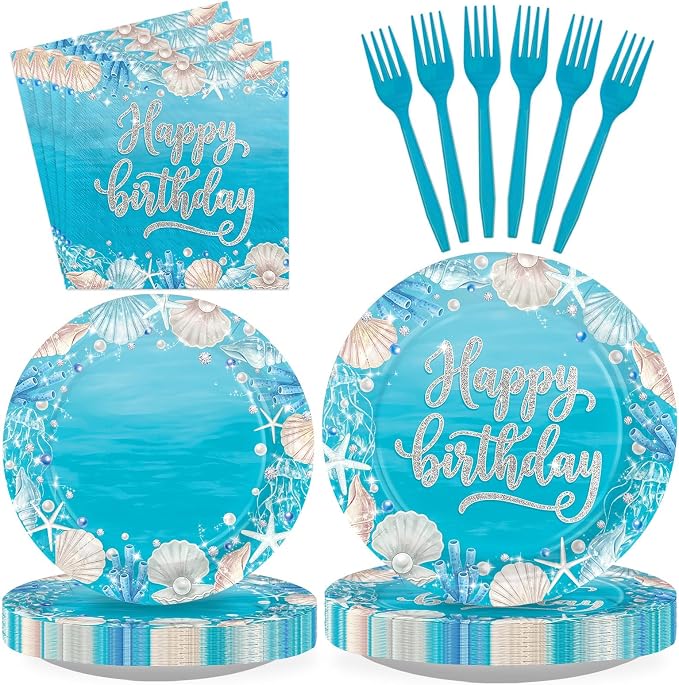 96Pcs Ocean Sea Party Decorations Ocean Waves Birthday Plates and Napkins Disposable Summer Blue Sea Tableware Sets for Boys Girls Birthday Baby Shower Coastal Party Supplies, Serves 24