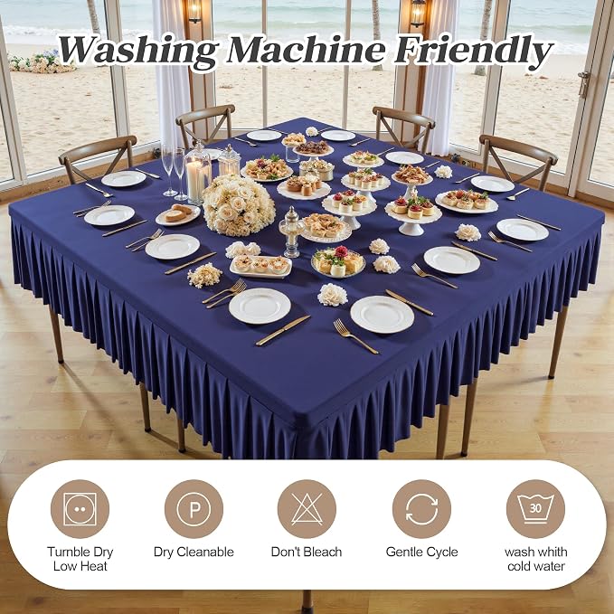 Wish Care Navy Blue Spandex Tablecloths for 60x60 Inch Square Tables, Stretch Fitted Table Clothes with Pleated Ruffle Skirt for 60” Table, Wrinkle Free and Elastic, for Party Kitchen Home Dining