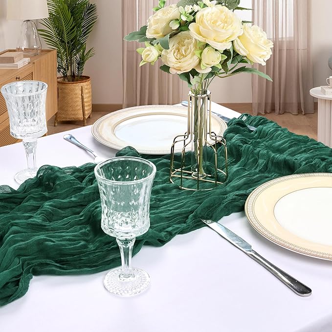 12 Pack 10FT Emerald Green Cheesecloth Table Runner 120 Inch Long Gauze Rustic Boho Spring Cheese Cloth Table Runner Sheer Fabric Decorations For Holiday Party Wedding Banquet Bridal Baby Shower Décor
