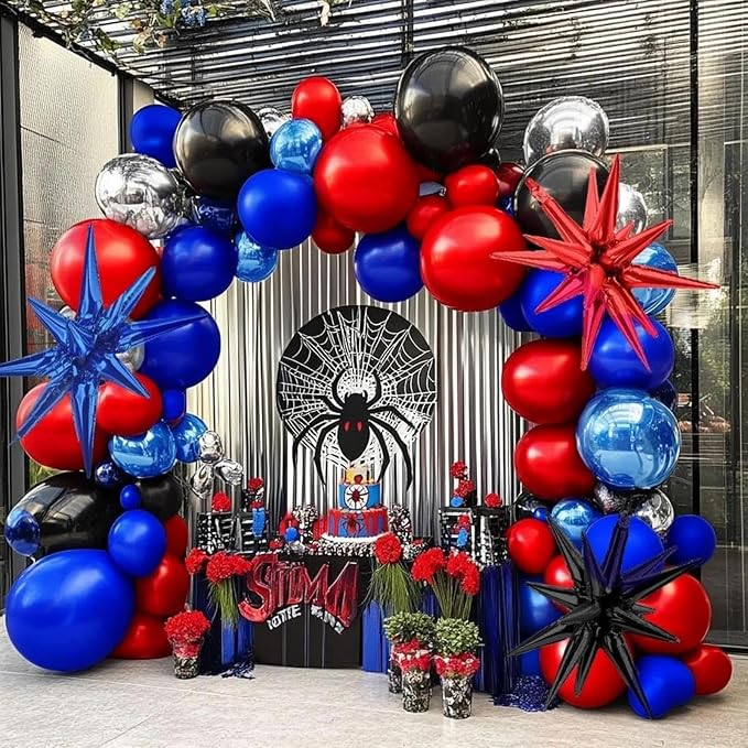 Red Blue Black Balloon Arch Garland Kit Double Stuffed Black Red Balloons Royal Blue Silver Balloon Garland with Star Foil Balloons for Baby Shower Birthday Graduation Spider Hero Themed Party Decor