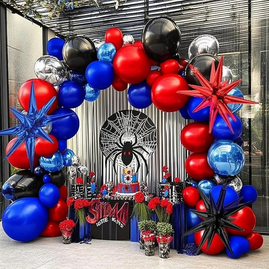 Red Blue Black Balloon Arch Garland Kit Double Stuffed Black Red Balloons Royal Blue Silver Balloon Garland with Star Foil Balloons for Baby Shower Birthday Graduation Spider Hero Themed Party Decor