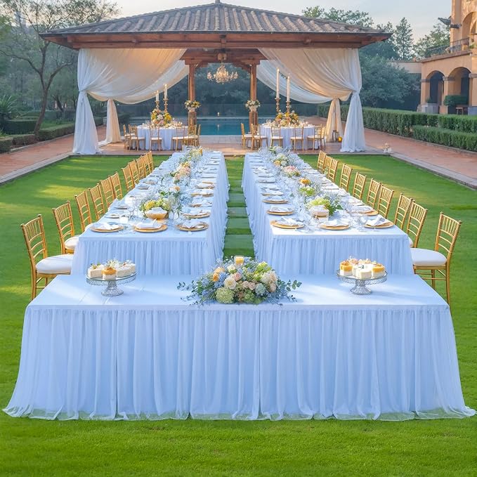 4 Pack 6ft Baby Blue Tulle Tablecloths for Rectangle Tables 72 x 30 Inch Rectangular Table Cloth Wrinkle Free Table Cover with Tutu Skirt for Baby Shower Birthday Party Banquet Buffet Cake Decorations