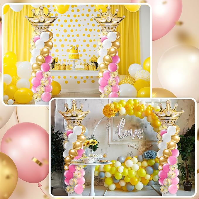 Kasyat 2 Sets Princess Party Balloon Column Stand Kit with 2 Crown Foil Balloons 100 Latex Balloons, Adjustable Stands Pink and Gold Balloon Stand Kit for Baby Shower Birthday Party Supplies