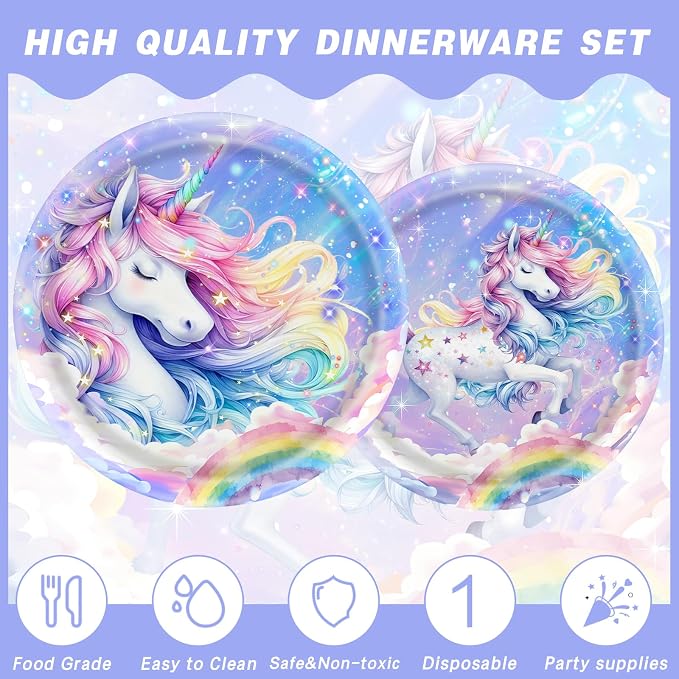 80pcsPegasus Party Supplies Set - Whimsical Ombre Mane & Rainbow Horn Design, Includes Dinner Plates,Dessert Plates, Napkins, Cups for Kids' Magical Fairy Tale Birthday Party Decorations, Serve 20