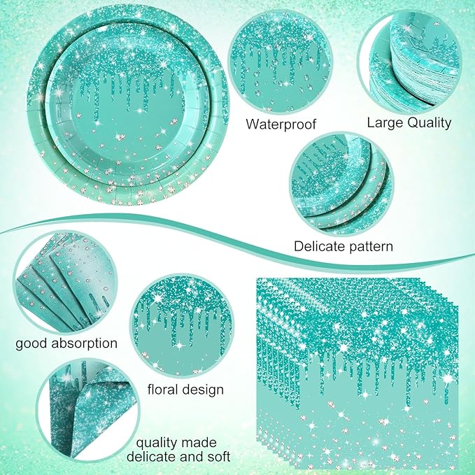 Funnymoom 452 Pcs Teal and Silver Birthday Party Decoration, Glitter Teal Paper Plates and Napkins Cups Tablecloth Cutlery Straws Turquoise Disposable Tableware Set for Women Birthday Supplies