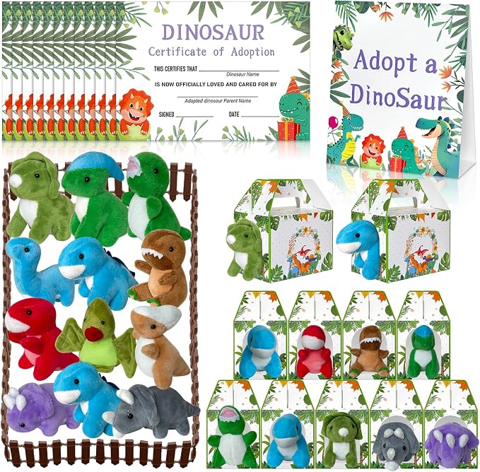 38 Pcs Adopt a Dinosaur Pet Party Favors Dinosaur Stuffed Animal Include 12 Mini Plush Dinosaur 12 Foldable Boxes 12 Adopt Dinosaur Cards 1 Adopt Sign 1 Adopt Fence for Adopt a Pet Party