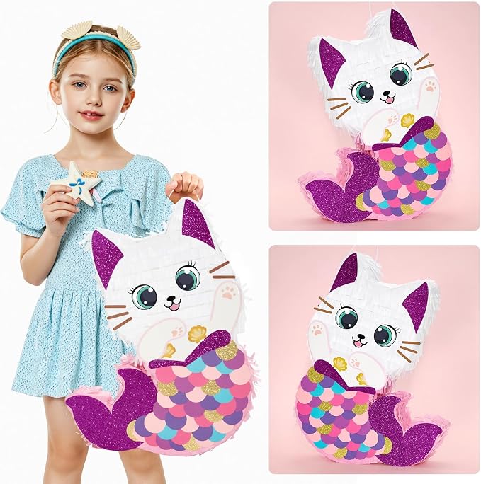 WERNNSAI Cat Piñata - Kitten Mermaid Birthday Party Decorations Kids Mermaid Piñata with Blindfold and Bat for Girls Summer Under the Sea Birthday Party Supplies Game Set