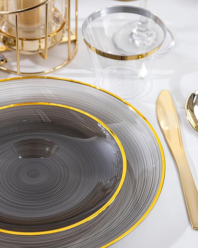 Morejoy 60Pcs Black Plastic Plates,Black Disposable Plates With Gold Rim,Heavy-duty Gold plate, Modern swirl design Plate Include 30 Dessert-plates,30Dinner-plates for Party,New Year