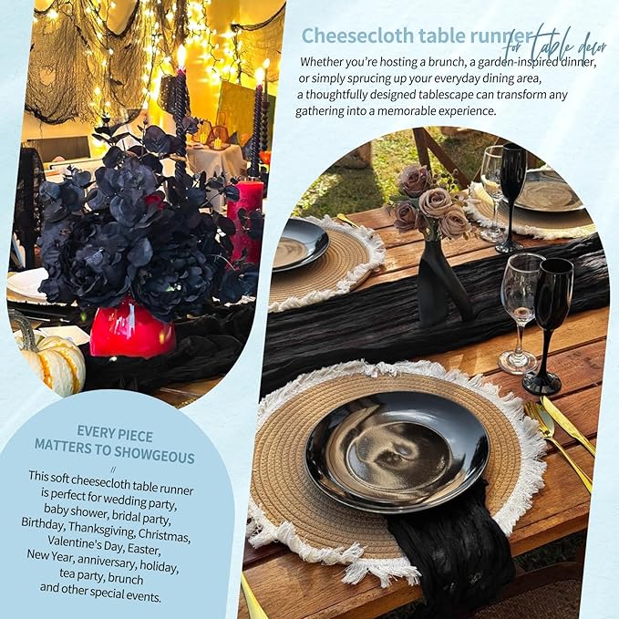 20 Pack Black Cheesecloth Table Runner 10FT Boho Gauze Cheese Cloth Table Runners Romantic Rustic Sheer Table Decorations for Wedding Party Baby Shower Birthday Holiday Home