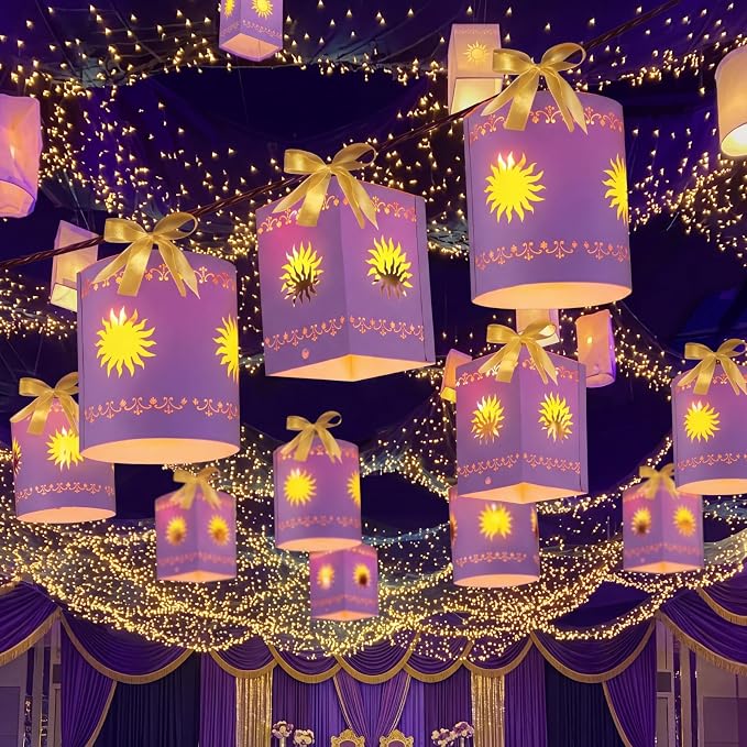 Beeveer 20 Pack Princess Sun Hanging Lanterns DIY Set Purple Princess Hanging Paper Lanterns Purple Sun Cutout Square Round Decorations for Birthday Party, Light String Not Included(Vivid Color)