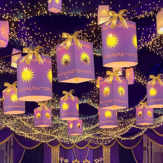 Beeveer 20 Pack Princess Sun Hanging Lanterns DIY Set Purple Princess Hanging Paper Lanterns Purple Sun Cutout Square Round Decorations for Birthday Party, Light String Not Included(Vivid Color)