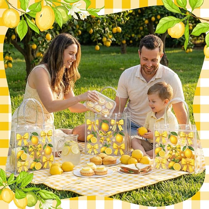 Teenyyou 24 Pcs Lemon Clear Gift Bags with Handles Yellow Bow Lemon Print Transparent Tote Bags Reusable PVC Candy Treat Gift Container for Bridal Shower, Baby Shower, Wedding, Birthday Party Favors