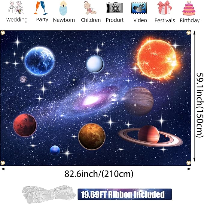7x5FT Outer Space Backdrop with Ribbon – Galaxy Planet Space Backdrop for Boys Girls Birthday Party Decorations, Starry Sky Photography Background with Brass Grommets & Double Stitching
