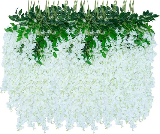 24 Pack Artificial Wisteria Hanging Flowers Fake Wisteria Flower Garland Silk Vines Rattan Decor for Home Wedding Arch Wall Garden Greenery Bedroom Outdoor Office Party Decoration (White)