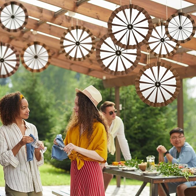 Outus 9 Pcs Western Cowboy Party Decorations Paper Fans Wagon Wheels Straw Hay Bales Hanging Ceiling Wall Decor for Country Western Themed Rodeo Farm Birthday Party Supplies (Wagon Wheels)