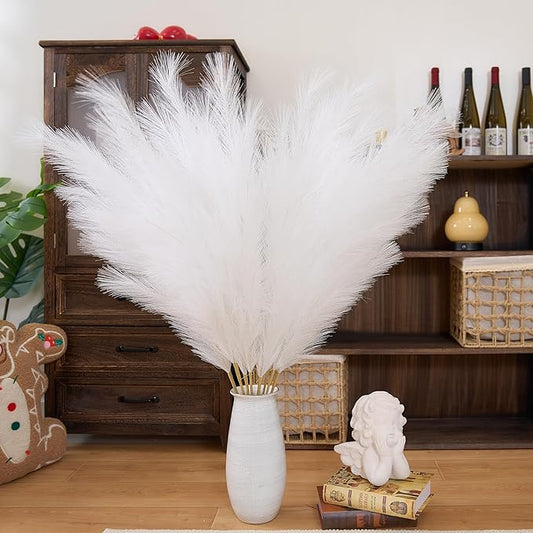 Premium Faux White Pampas Grass Decor 8pcs 43.3″ – Pure Cream Tall Fluffy Feather Flowers, No Assembly 18-Branch One-Piece Stems for Wedding Boho & Minimalist Home Decor, Floor Vase Arrangement
