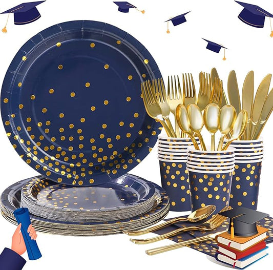 168Pcs Navy Blue Plates and Napkins Party Supplies, Blue Paper Plates Serve 24, blue and Gold Party Decorations, for Birthday, Fathers Day, Graduation, 4th of July