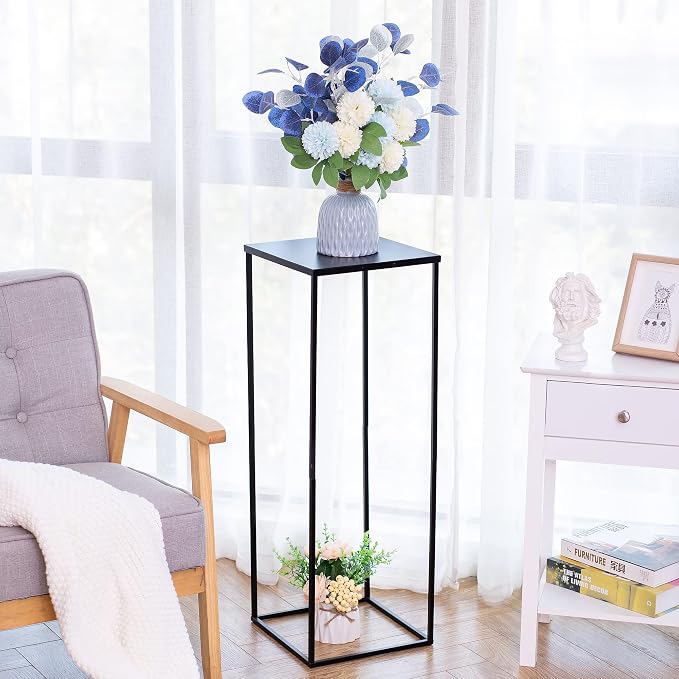 Black Tall Plant Stand: 31.5in, With Metal Panel, Packs of 2 | Columnar Cube Shape, Easy to Assembly, Flowers Cakes Drinks Display Table Centerpieces for Wedding Party Event