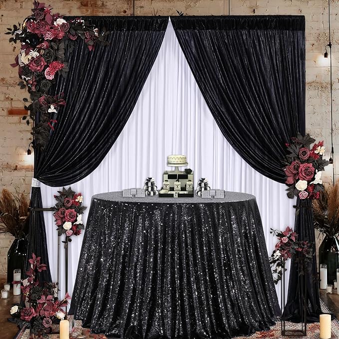 B-COOL Round Tablecloth Sequin Draping Decorations: 132 Inch Tablecloths Black Sequence Overlay Shimmer Fabric for Birthday Dinner Parties Halloween