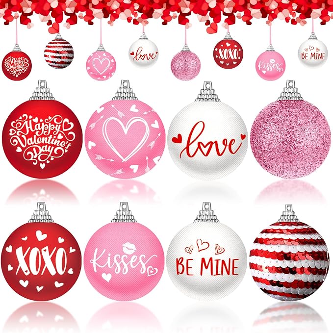 Outus 16 Pcs Valentine's Day Tree Ornaments Ball Vintage Happy Valentine's Day Decorations for Tree Red and Pink Love Kisses Xoxo Pattern Hanging Ornaments Home Farmhouse Holiday Fireplace Party Decor