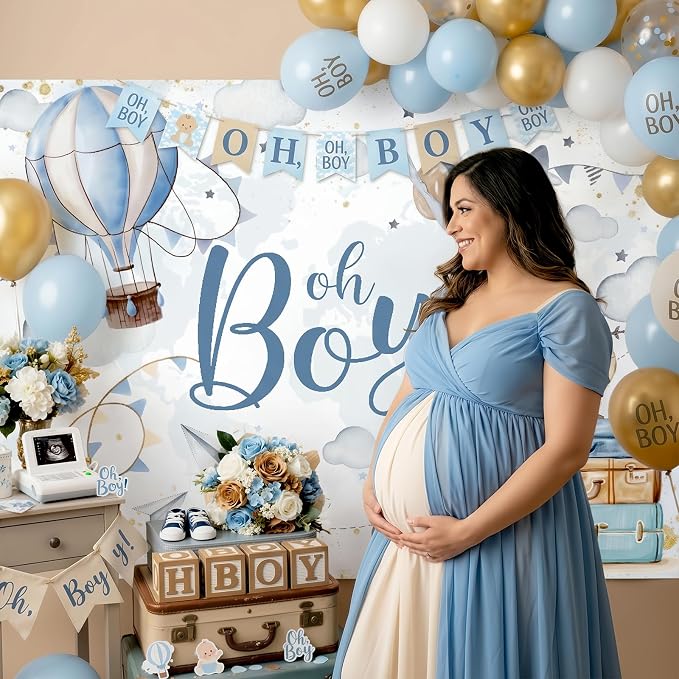 Lofaris 5x3ft Oh Boy Baby Shower Backdrop for Kids Boy Party Decoration Cloud Hot Balloon Adventure Begins Travel Around The World Airplane Up Up and Away Photography Background Banner Photo Booth