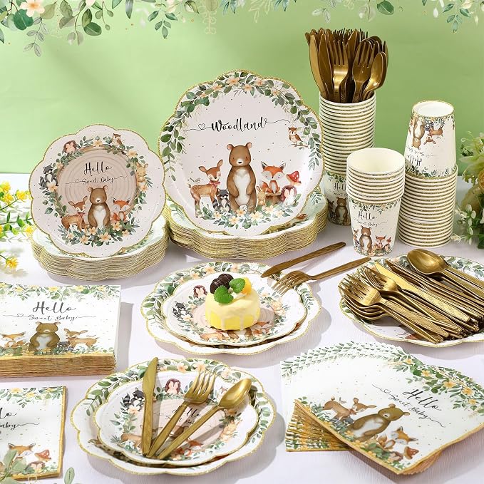 Funnymoom 400 Pcs Woodland Baby Shower Party Supplies for 50 Forest Animals Mountain Wilderness Plates Napkins Cups Spoons Forks Knives for Neutral Forest Animal Baby Shower(Green and Gold, Woodland)