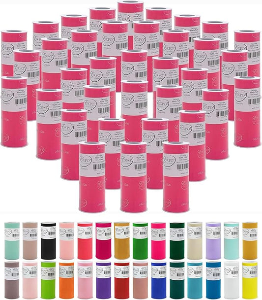 Expo International Decorative Matte Tulle, Lightweight Polyester Tulle Fabric for Tutus, Costumes, and Party Decorations, Washable, Easy-to-Use, 6 Inch x 25 Yards, Hot Pink, Pack of 36