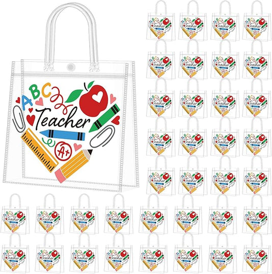 Supervitae 24 Pcs Teacher's Day Clear Gift Bags Appreciation Goodies Bags Pencil Crayon Tote with Handles for Class School Employees Staff Graduation End of Year Supplies, 8 x 8 x 3.15 Inch