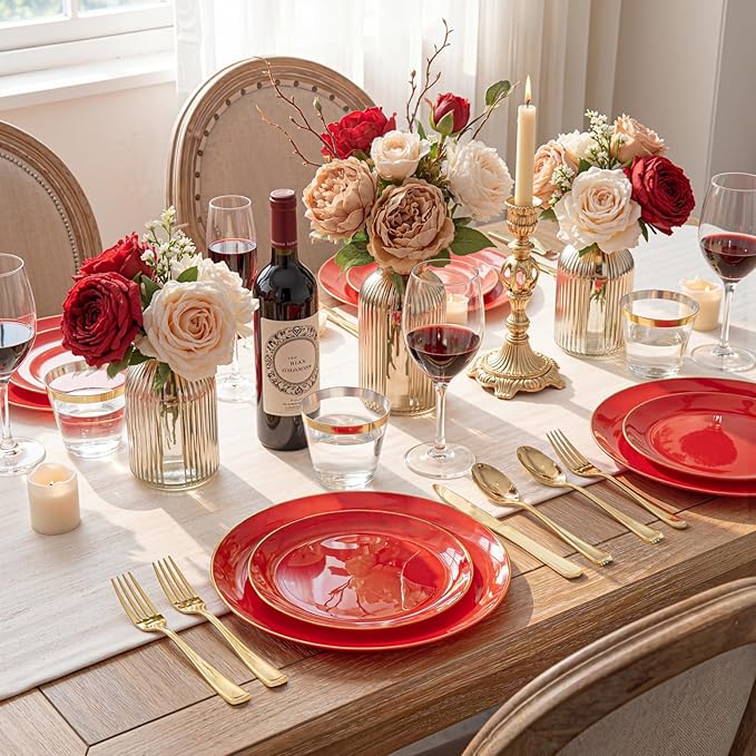 WDF 150Pcs Red Plastic Plates - Red Plates Disposable - 25Guest Christmas Dinnerware Include 25 Dinner Plate, 25 Dessert Plate, 75 Cutlery & 25 9oz Cups for Baby Shower Wedding Spring Mother's Day