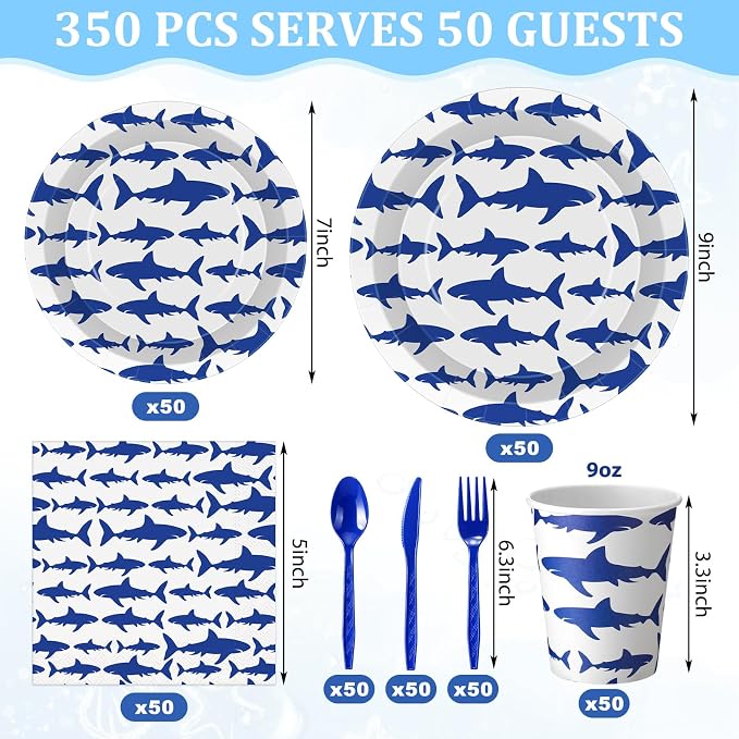 Vesici 350 Pcs Shark Birthday Plates and Napkins Tableware Set with Ocean Shark Napkins Plates Cups Straws and Forks Disposable Tableware Sets for Summer Under The Sea Birthday Party Supplies
