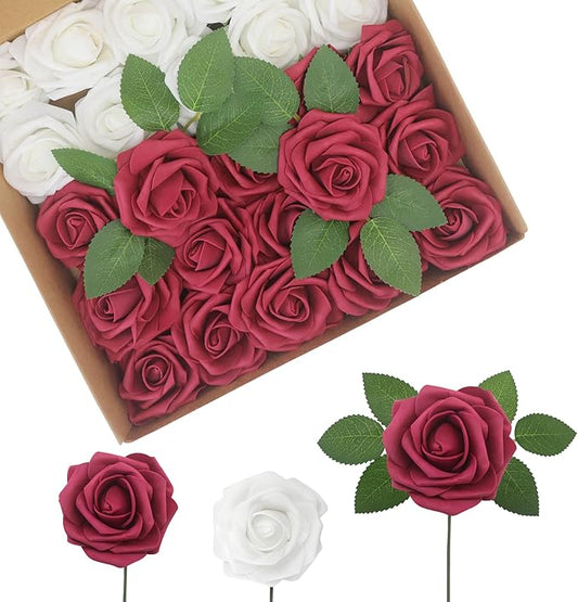 Artificial Flowers Realistic White & Wine Red Roses, Real Looking Fake Roses with Stem for DIY Wedding Bouquets Centerpieces Bridal Shower Party Home Romantic Decorations (White & Wine Red, 100pcs)