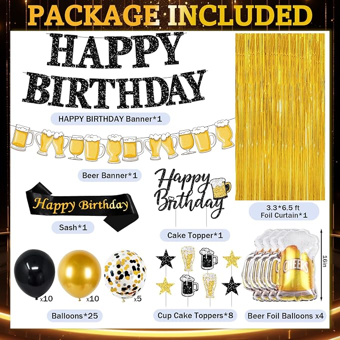 Black and Gold Birthday Decorations, 45PCS Happy Birthday Balloons Decorations for Men with Balloons Banner Sash Foil Fringe Curtain, Black and Gold Party Balloon Decoration Supplies for Men Boys