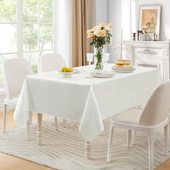 1 Pack Satin Table Cover Rectangle Silkly Soft Table Cloth, Satin Dining Table Cloths for Wedding Banquet Table Decoration, Dining Room, Indoor and Outdoor Use, 60 x 120 Inches, Off White