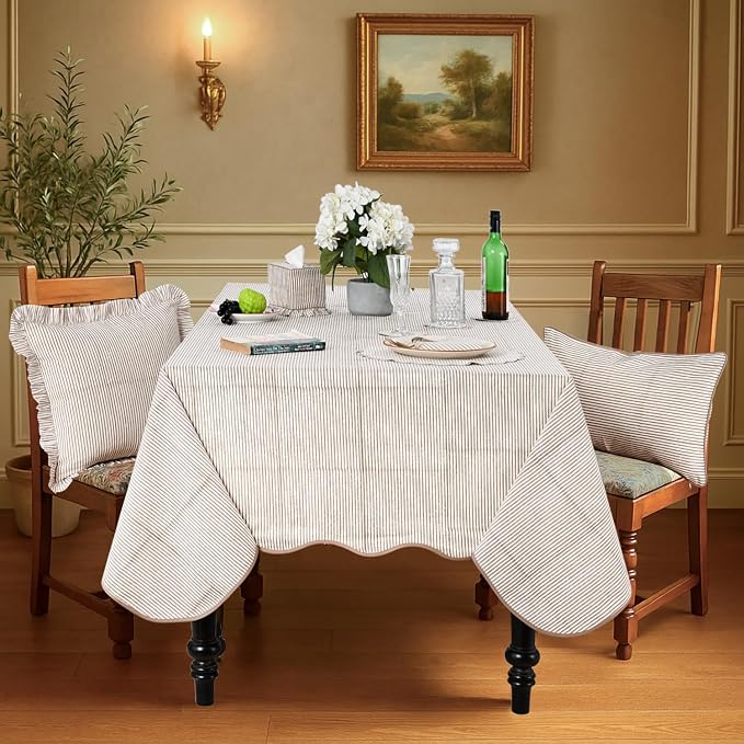 Ridhi Oatmeal Brown Stripe Block Print 60x60 Square Tablecloth Table Cover for Dining Tables, Handcrafted Farmhouse Kitchen Decor, Washable, Decorative Tablecloths for Spring, Easter, Valentine