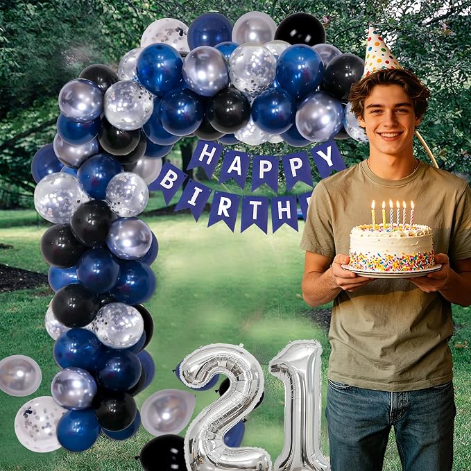 Happy 21st Birthday Decorations for Him Her, Dark Blue Silver 21 Birthday Party Supplies with Backdrop Banner 32 In Foil Number 21 Balloons Honeycomb Centerpieces for 21 Years Old Birthday Decor