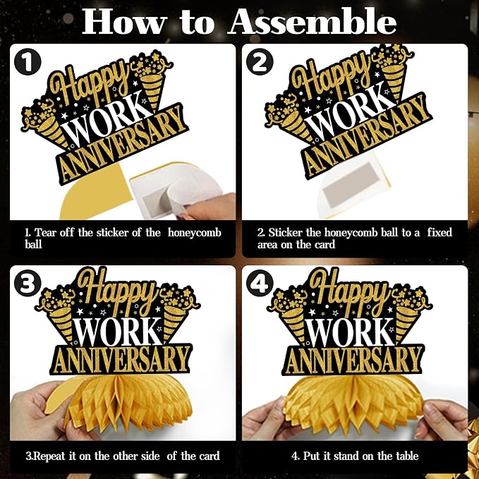 Zirtorei Happy Workiversary Decorations for Men Women Employee, 11pcs Black Gold Work Anniversary Banner Party Supplies, Workiversary Honeycomb Centerpieces Hanging Swirls Business Gift for Office