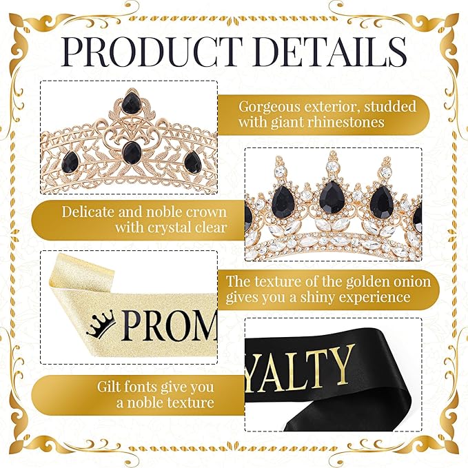 Saintrygo 12 Pcs Prom Crown and Sash Set, Prom King and Queen Tiara Rhinestone Crown Glitter Court Royal Satin Sash for 2026 Graduation Ball Dance Night Party Birthday Accessory(Gold,Elegant)
