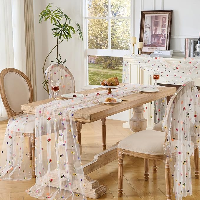 BINBE 12pcs Daisy Spring Table Runner Embroidery Gauze 10FT Florals Seasonal Tulle Holiday Birthday Kitchen Dining Table Decor for Home Party Ivory