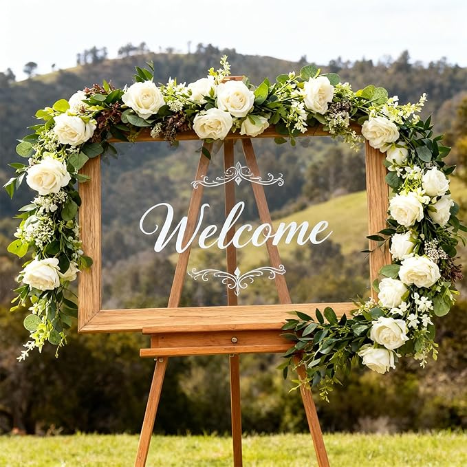 SHENLIU 4 Pack 26Ft Artificial Eucalyptus Flower Garland with White Roses, Faux Rose Vine Gypsophila Greenery Garland Floral Vines for Wedding Home Party Table Decor